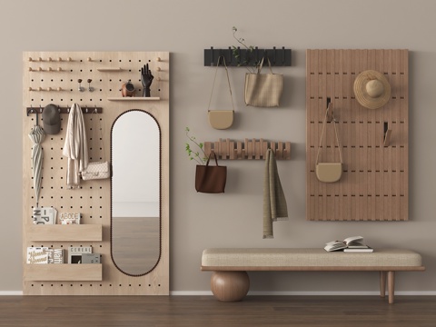 现代洞洞板 墙饰挂件 墙饰板 置物架 换鞋凳 镜子su模型