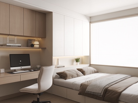 现代简约榻榻米卧室 书桌椅组合 电脑 台灯 摆件su模型