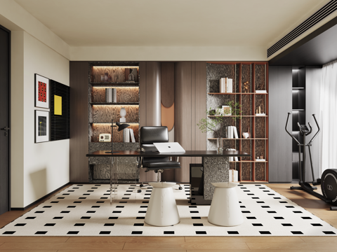 意式现代书房 书桌椅 书柜 装饰画 动感单车su模型