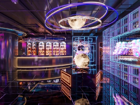 现代酒吧 前台 水 雕塑装置 月球灯su模型