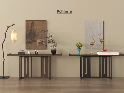 新中式条案 端景柜 落地灯 装饰画 摆件su模型