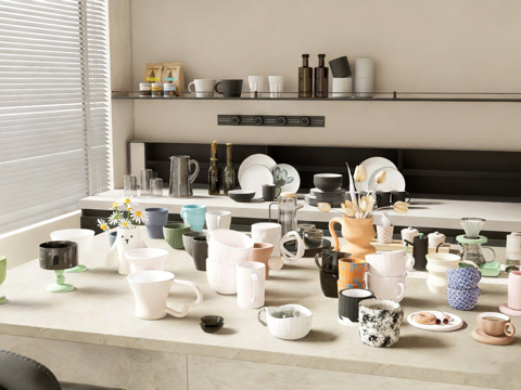 现代厨房杯具 开放式置物架厨房 多材质杯具su模型