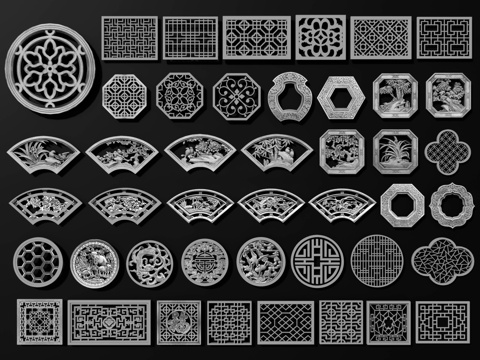 中式镂花窗 仿古窗花 漏窗 砖雕窗花窗户 镂空窗格 雕花窗子su模型
