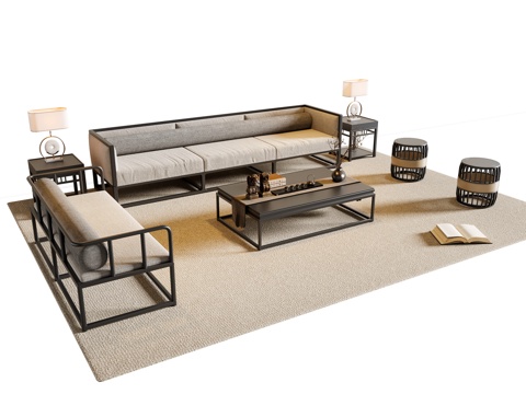 新中式沙发茶几组合 三人沙发 休闲椅 地毯su模型