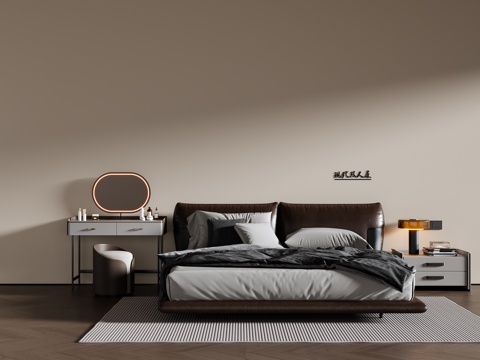  现代意式双人床 皮质双人床 床头柜 梳妆台 地毯3d模型 