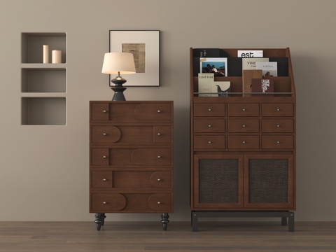 中古风边柜 斗柜 储物柜 装饰柜 台灯 摆件su模型