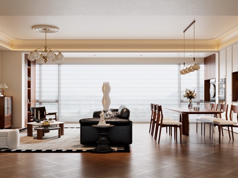 法式中古风客餐厅 沙发茶几 餐桌椅 电视背景墙 餐边柜su模型