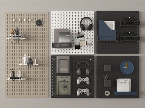 现代洞洞板 墙饰板 墙饰挂件 书籍摆件su模型