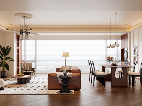 法式中古风客餐厅 沙发茶几 餐桌椅 电视背景墙 餐边柜su模型