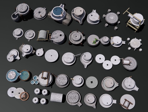 中式磨盘 石磨 石碾 水磨 石槽老物件 石头流水水景su模型