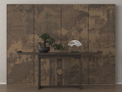 新中式玄关端景台 端景条案su模型