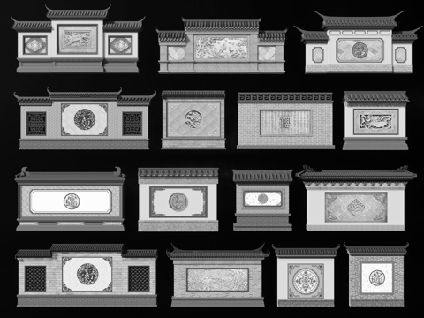 中式照壁墙 萧墙 影壁景墙 屏风墙 照墙 墙雕背景墙 浮雕墙su模型