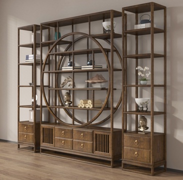 新中式博古架 书架 茶柜 实木收纳柜su模型