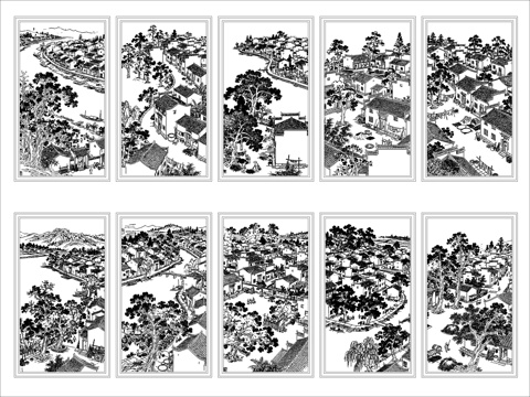 徽州乡村风景挂画cad施工图