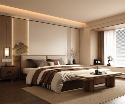  新中式卧室 宋式卧室 主卧 飘窗卧室3d模型 