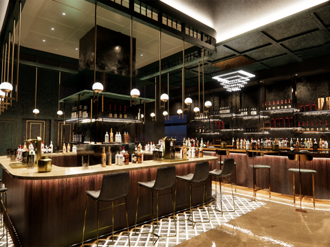 美式复古风酒吧 吧台凳 酒架 酒吧su模型