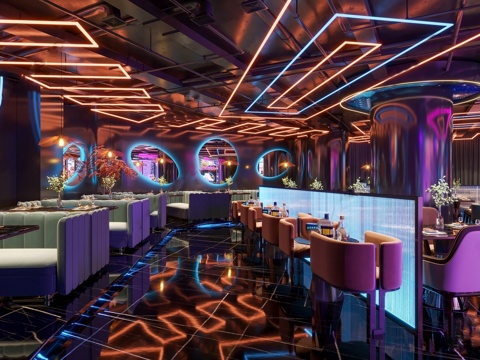 现代酒吧 椅组合 灯光 音乐 霓虹灯su模型