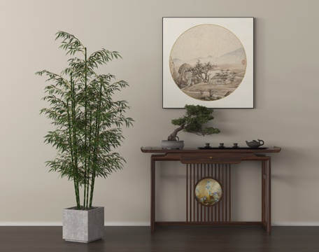 新中式端景条案 玄关桌 端景柜 挂画 盆栽绿植su模型
