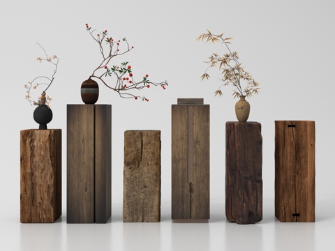 侘寂柱子 花瓶柱墩 老木头柱子 绿植摆件su模型