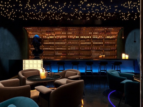现代科技风酒吧 前台 雕塑 餐桌椅su模型