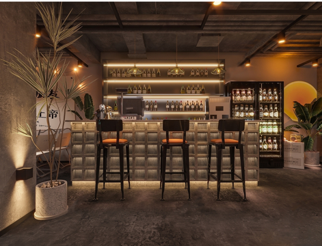 工业风酒吧台 酒瓶 凳 酒柜su模型