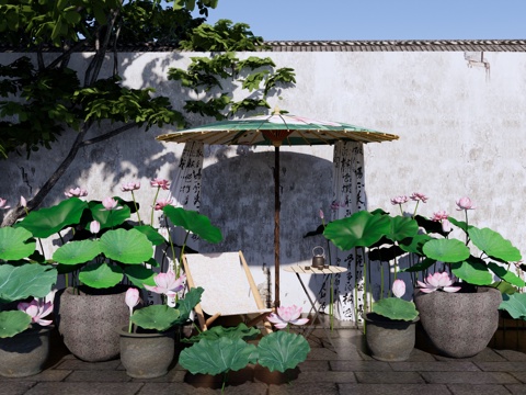 新中式 荷花 民宿庭院花园 禅意荷花小院 荷花盆栽 荷花水缸su模型