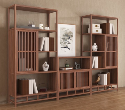 新中式博古架 实木收纳柜su模型