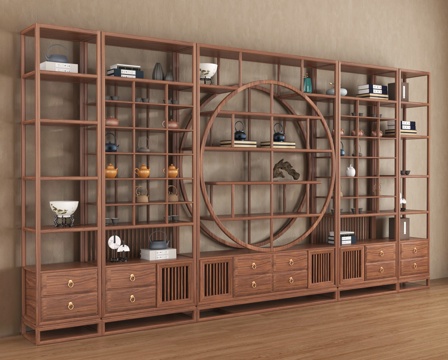 新中式博古架 实木收纳柜su模型