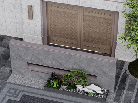  新中式庭院景观 新中式庭院入户门 金属门 双开门 照壁镂空景3d模型 