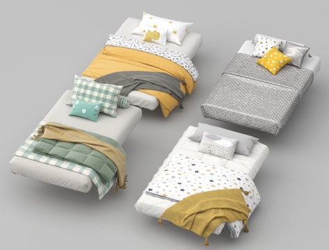 现代极简榻榻米床 厚床垫 床品 床具 单人床su模型