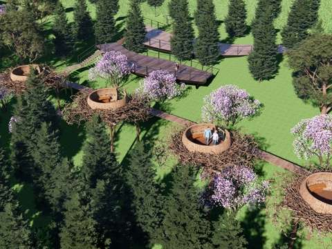 现代 观景台 自然森林公园景观 鸟巢观景平台 瞭望台 网红打su模型