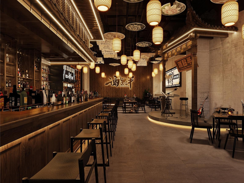 工业风酒吧 吧台 吧椅 酒水柜su模型