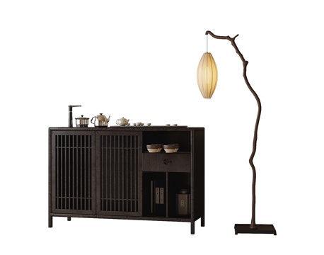 新中式茶柜 茶室柜 边柜 落地灯su模型