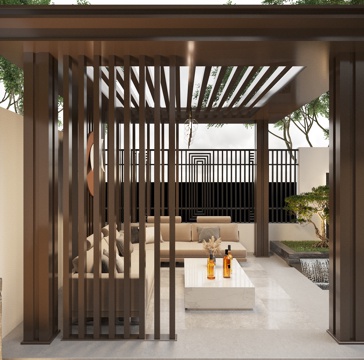  现代新中式庭院 庭院围墙 景墙 铝合金廊架 亭子 休闲沙发组3d模型 