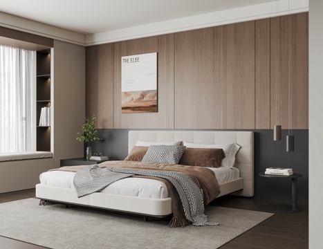 现代极简家居卧室 无主灯 双人床 装饰画 吊灯su模型