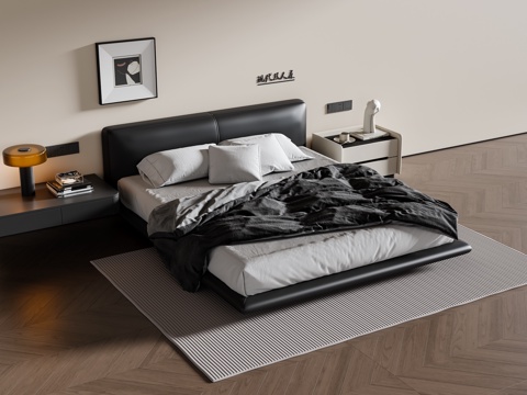  现代意式双人床 皮质双人床 床头柜 挂画 地毯3d模型 