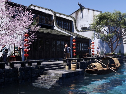 中式 古建 江南水乡古镇 古镇水巷 文旅滨水古镇 徽派建筑su模型