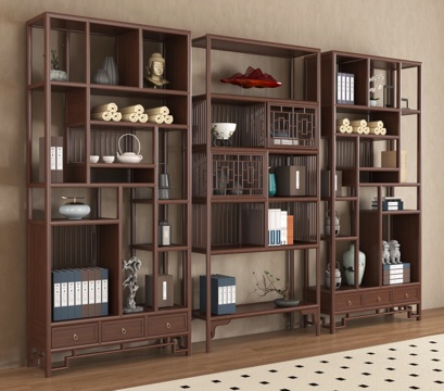 新中式博古架 实木收纳柜su模型
