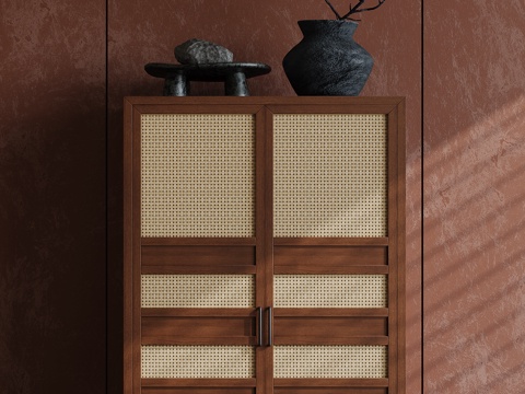 中古风玄关柜 中古风斗柜 中古风边柜 花瓶花艺摆件 木地板su模型