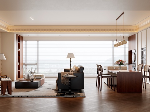 法式中古风客餐厅 沙发茶几 餐桌椅 电视背景墙 餐边柜su模型