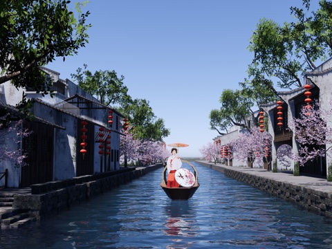 中式 古建 滨水古镇景观 江南水乡 乌镇旅游 乌篷船 油纸伞su模型