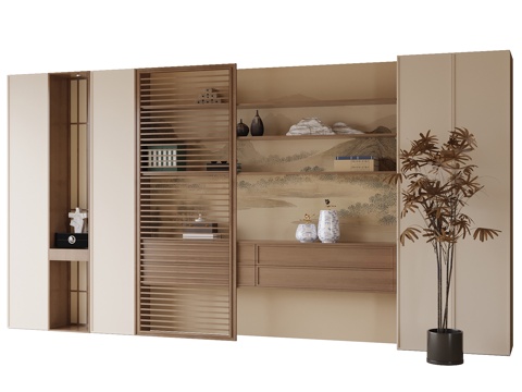 新中式书柜 茶室柜 茶柜 满墙柜su模型