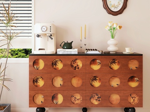 现代中古风边柜 斗柜 咖啡机 边柜摆件 盆栽绿植su模型