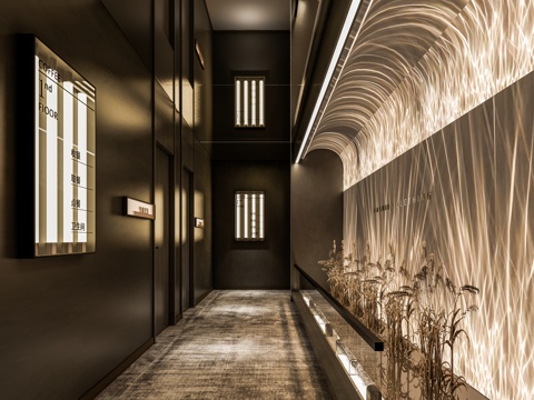 酒店会所过道 盆栽玄关造型 吊顶护墙板墙饰 餐饮包间过道 水su模型