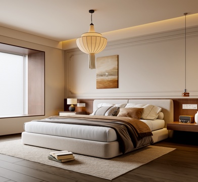 中古风卧室 布艺双人床 床头柜 吊灯 挂画 地毯su模型