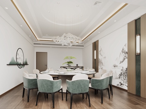  新中式包间 新中式酒店餐厅包间 新中式餐厅包房 餐厅餐桌3d模型 