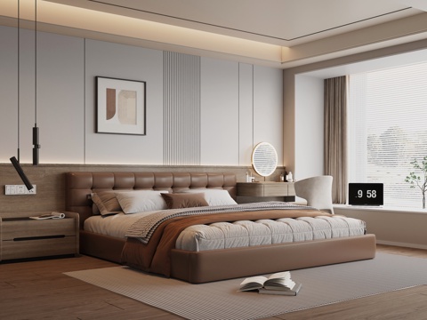 现代简约家居卧室 现代卧室 主卧 无主灯卧室 布艺双人床3d模型 