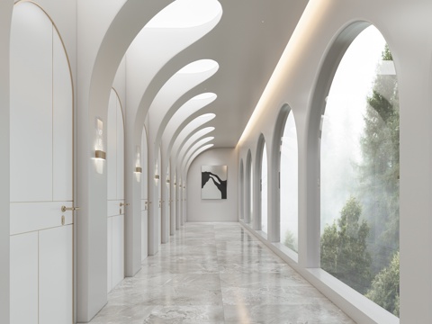 酒店会所走廊过道 纯白简约过道 弧形顶面造型 白色烤漆门 酒su模型