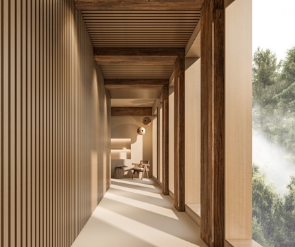 酒店民宿过道走廊 半开放过道走廊 原木风走廊 玄关 休闲单椅su模型