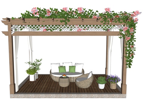 现代花园廊架 景观廊架 吊篮植物 藤蔓植物 欧式花架 吊篮摇su模型